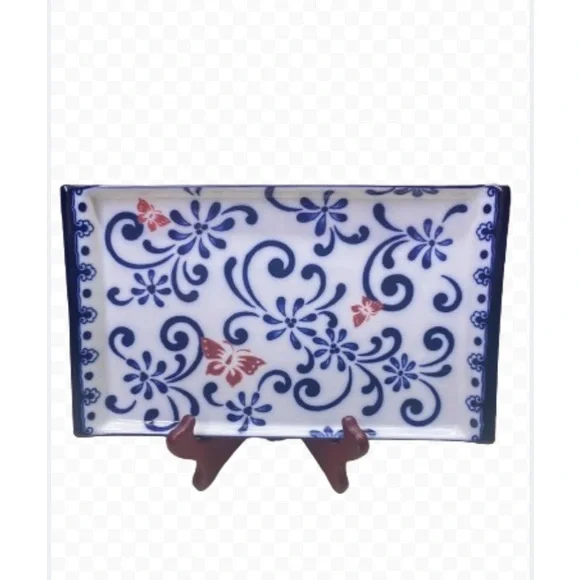 Pier 1 Butterfly Blossom Hand Painted Glass Porcelain Serving Tray Platter - Picture 10 of 11